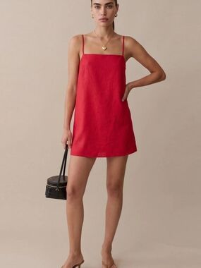 Few Moda Kourt Red Square-Neck Spaghetti Strap Linen Mini Dress
